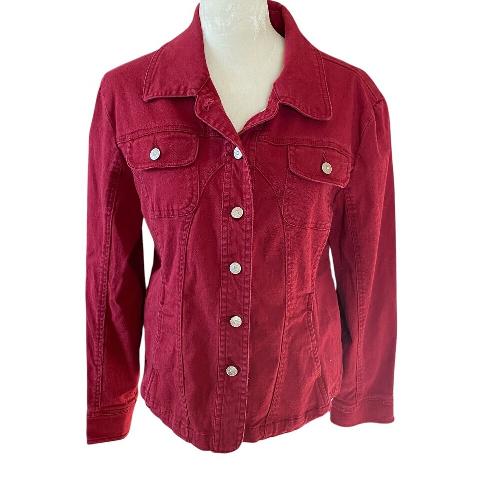 A.M.I. women's L red long sleeve collared button down denim jean jacket pockets